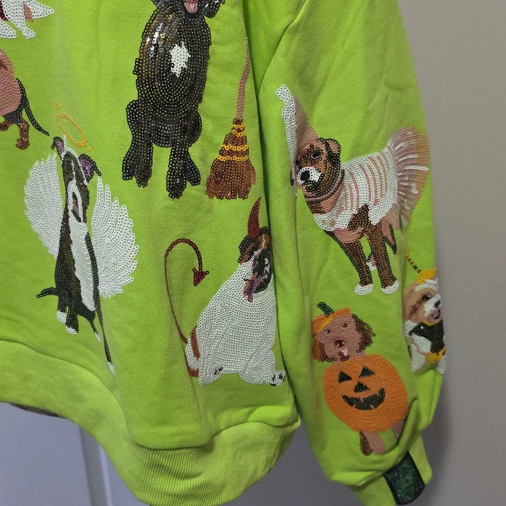 Queen of Sparkles Limited Edition Halloween Dogs Lime Green Sweatshirt Small - Picture 4 of 12